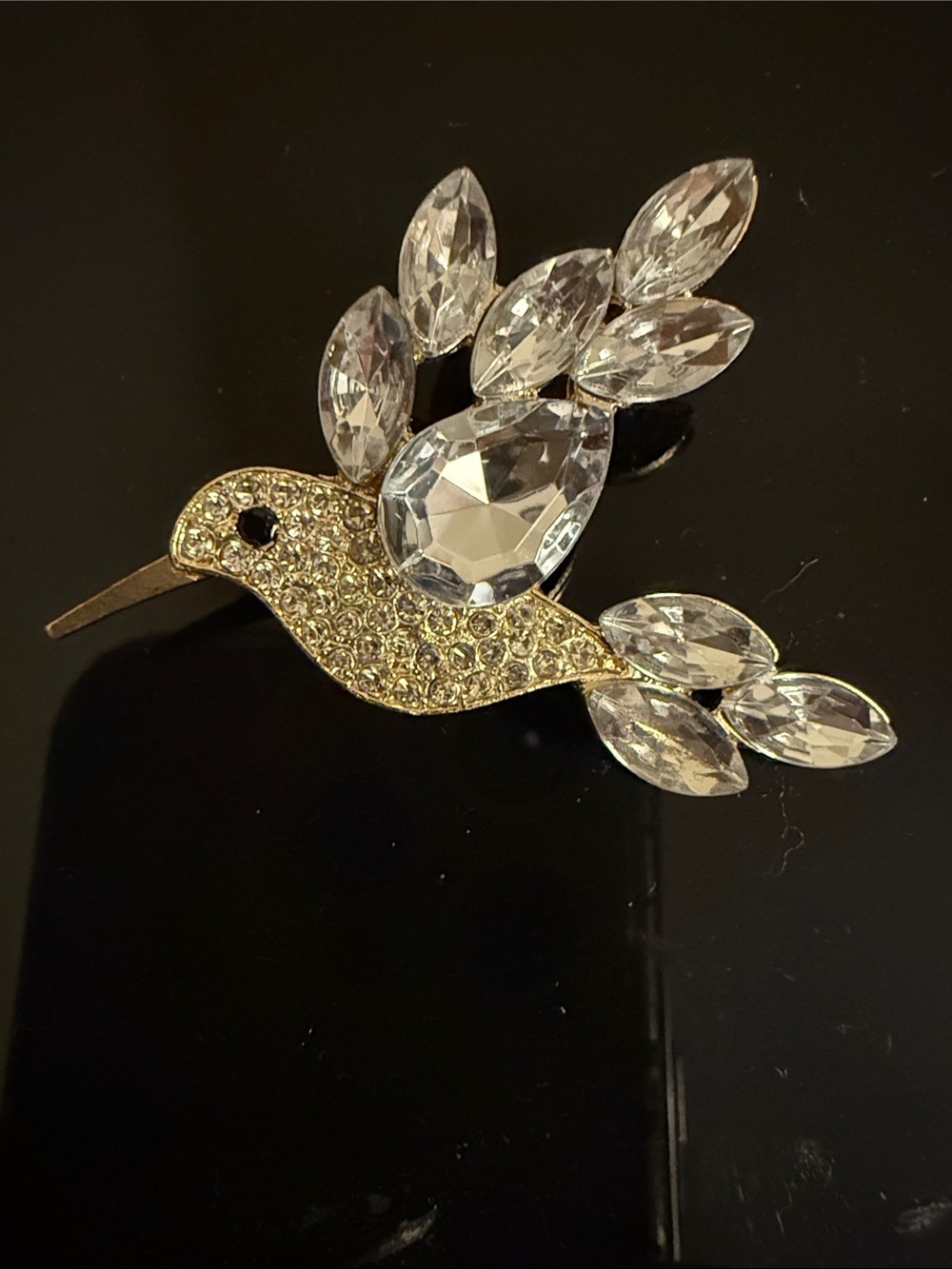 Gold & Clear Crystal Hummingbird Brooch